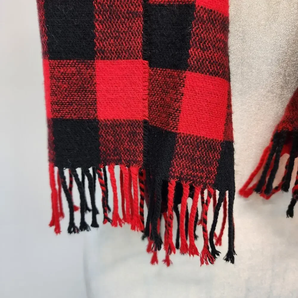 J.CREW Buffalo Plaid Scarf Unisex Red Black Fringe Lighweight Lumberjack 80x15